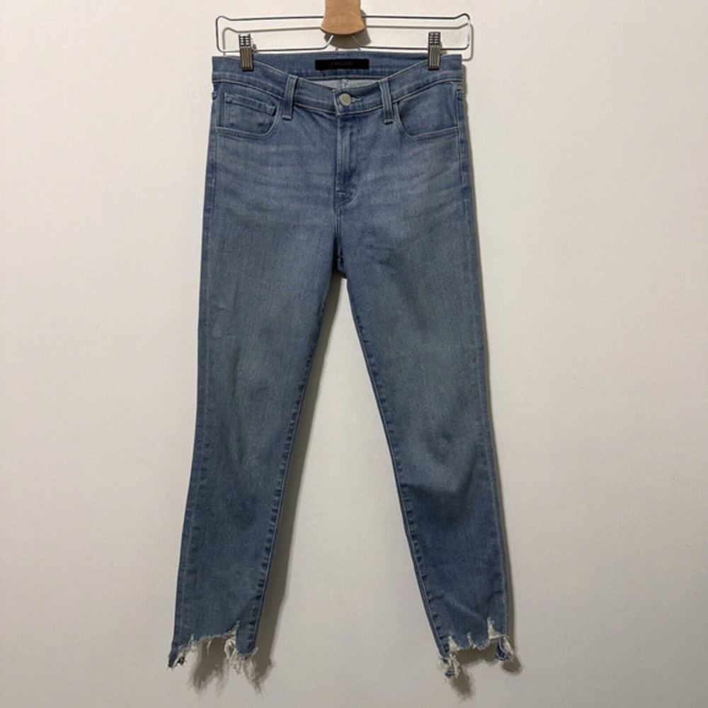 J Brand Mid Rise‎ Cropped Skinny Raw Hem Jeans 27 Cloudy Destruct Blue Skinny